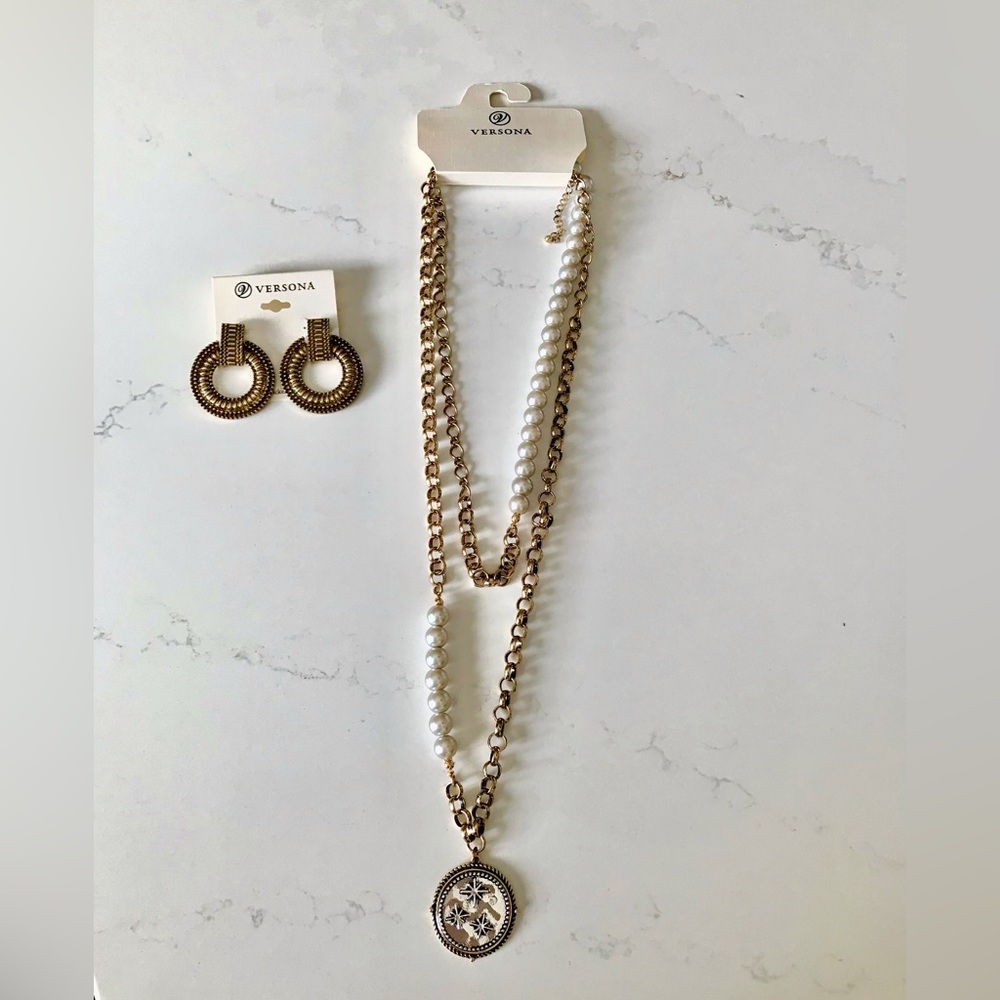 NWT Versona Gold tone and Gray Pearl Necklace and Nickle free Earring Set